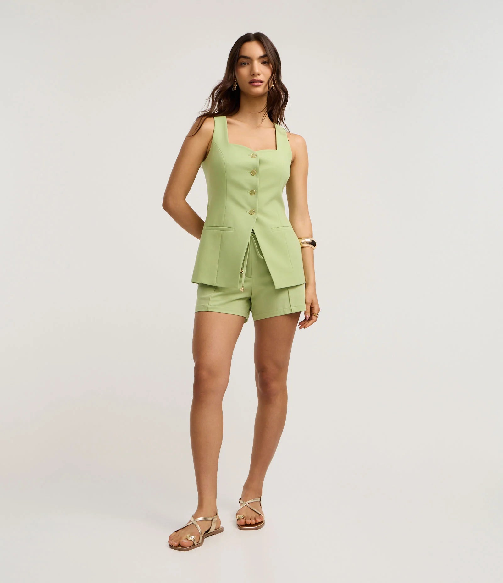 Conjunto Alfaiatado Cintura Alta em Crepe com Amarração Verde