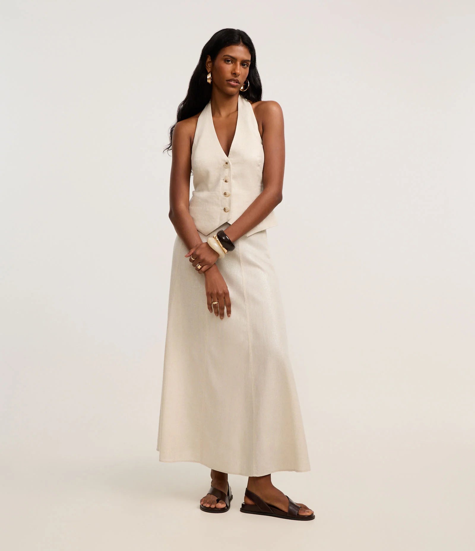 Conjunto Midi em Viscolinho com Costura Aparente no Recorte Bege