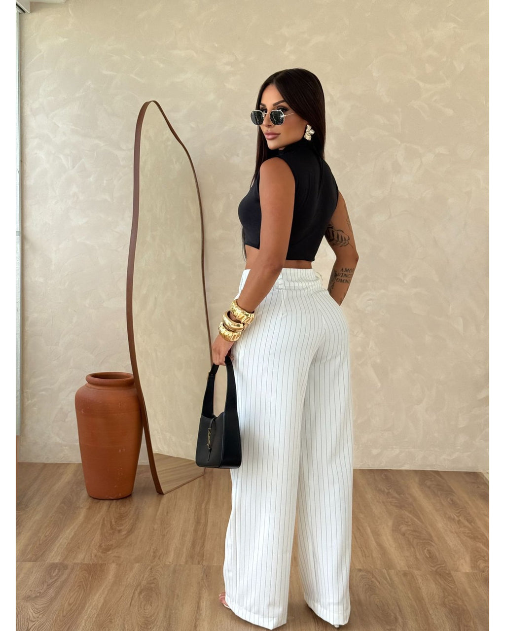 Calça Pantalona risca de Giz