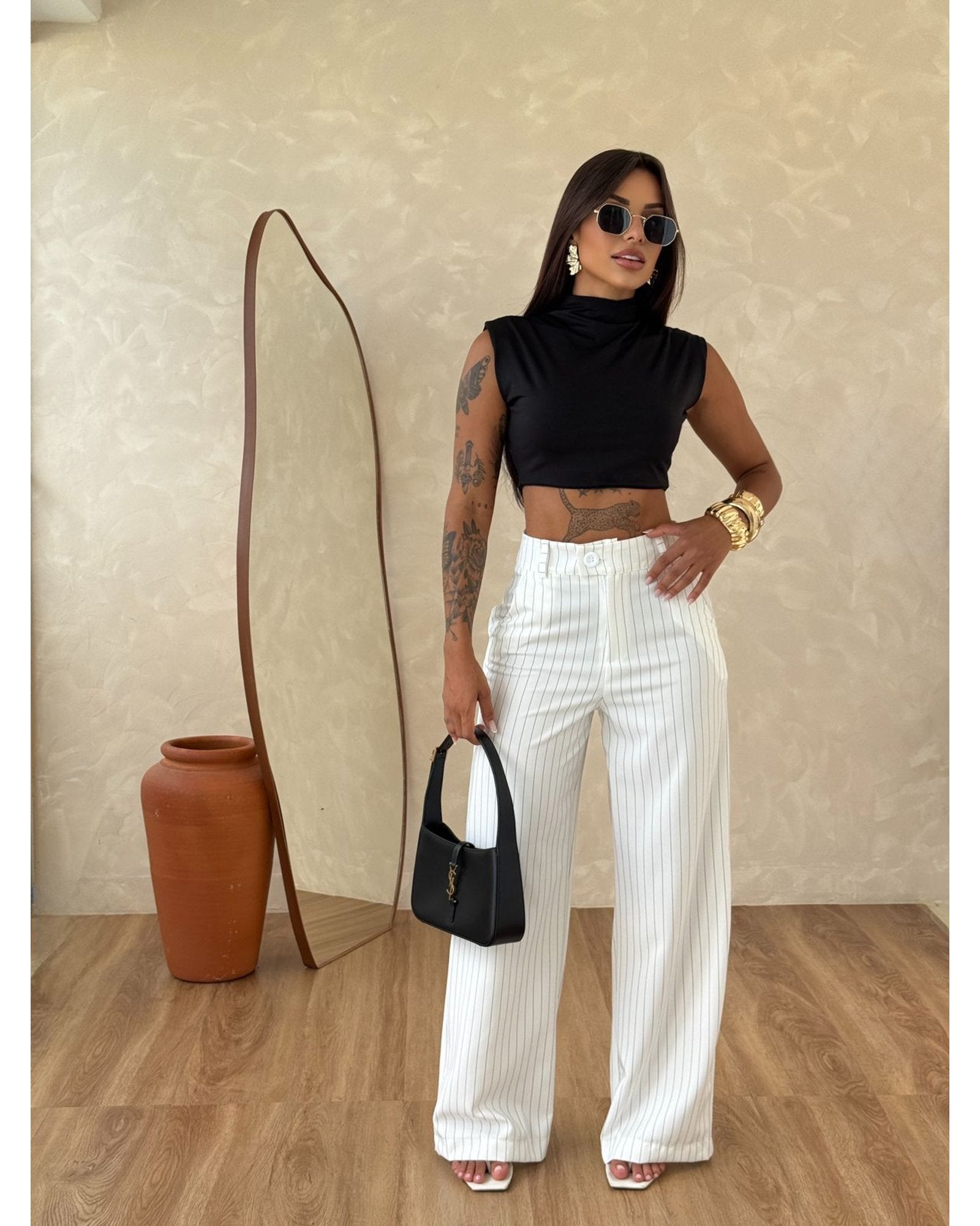 Calça Pantalona risca de Giz