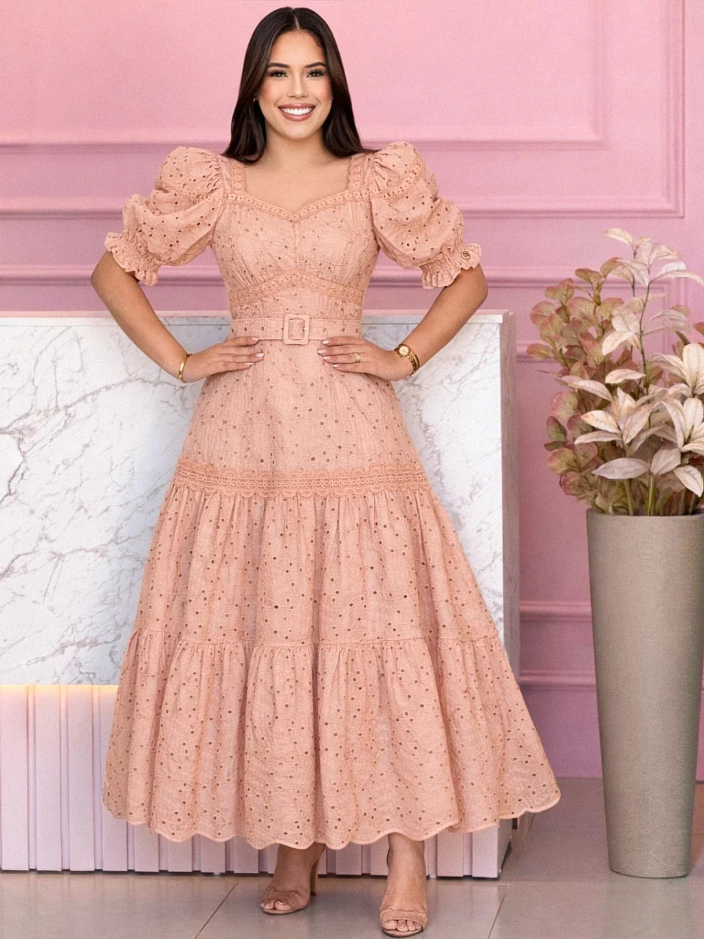 Vestido Supermidi Lese Algodão Bordado