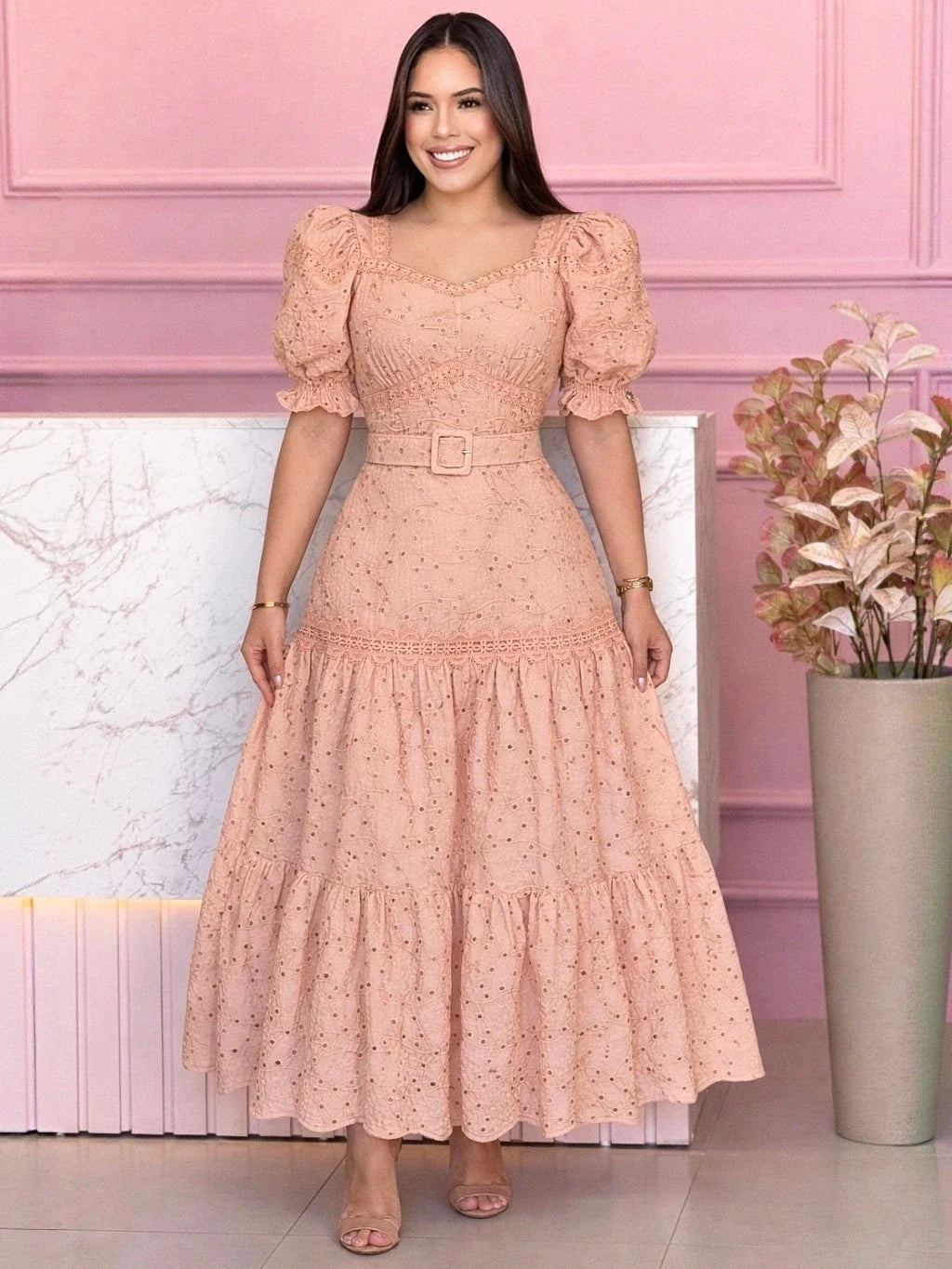 Vestido Supermidi Lese Algodão Bordado